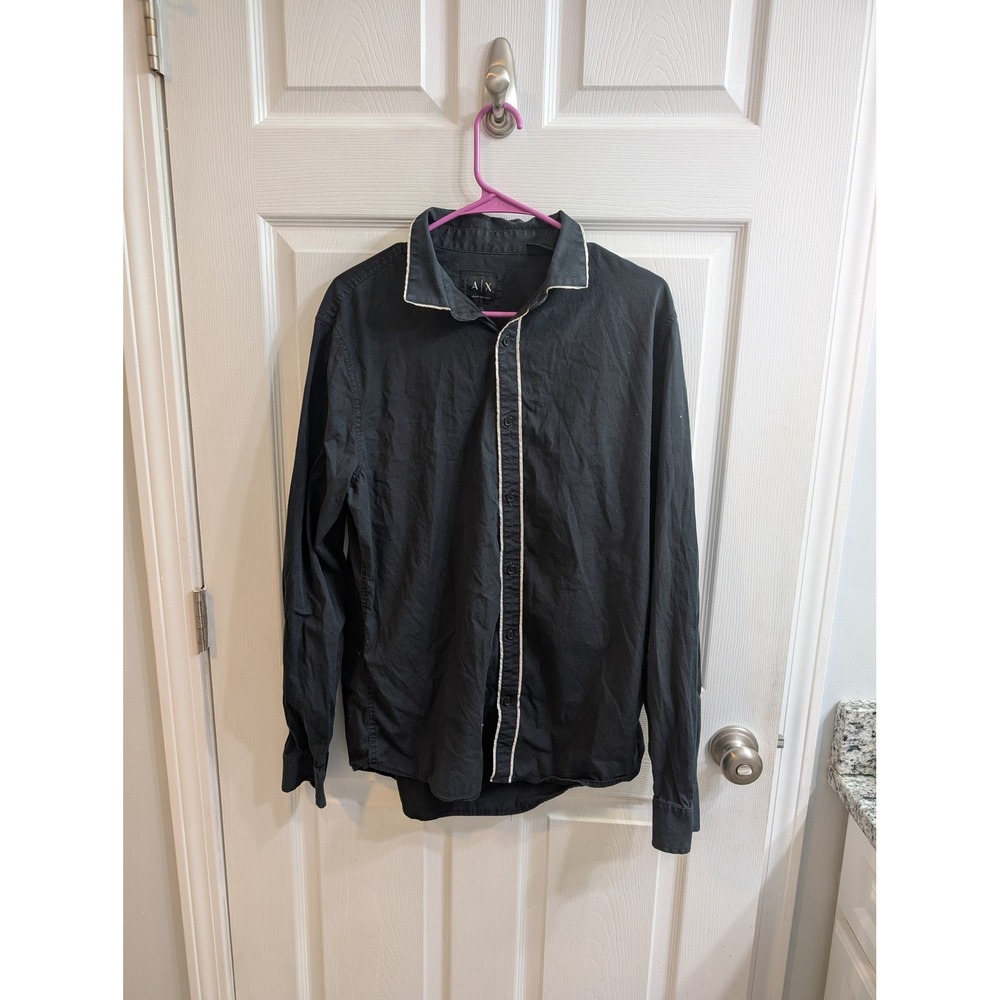 Armani Exchange AX Slim Fit Black Long Sleeve Shirt Studded Lightning Back XL